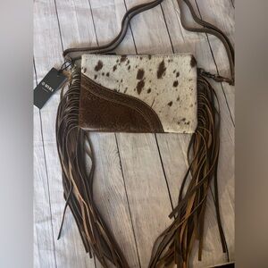 Myra crossbody purse with brown suede leather fringe & hairon tooled leather NWT